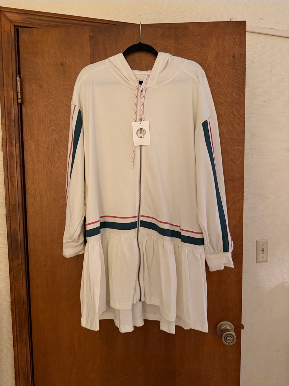 Daily Practice Cream Hooded Zip-Up Dress with Teal and Rose Stripe Accents